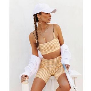 Whitefox Biker Shorts and Bra Top Workout Set Yellow Checkered S